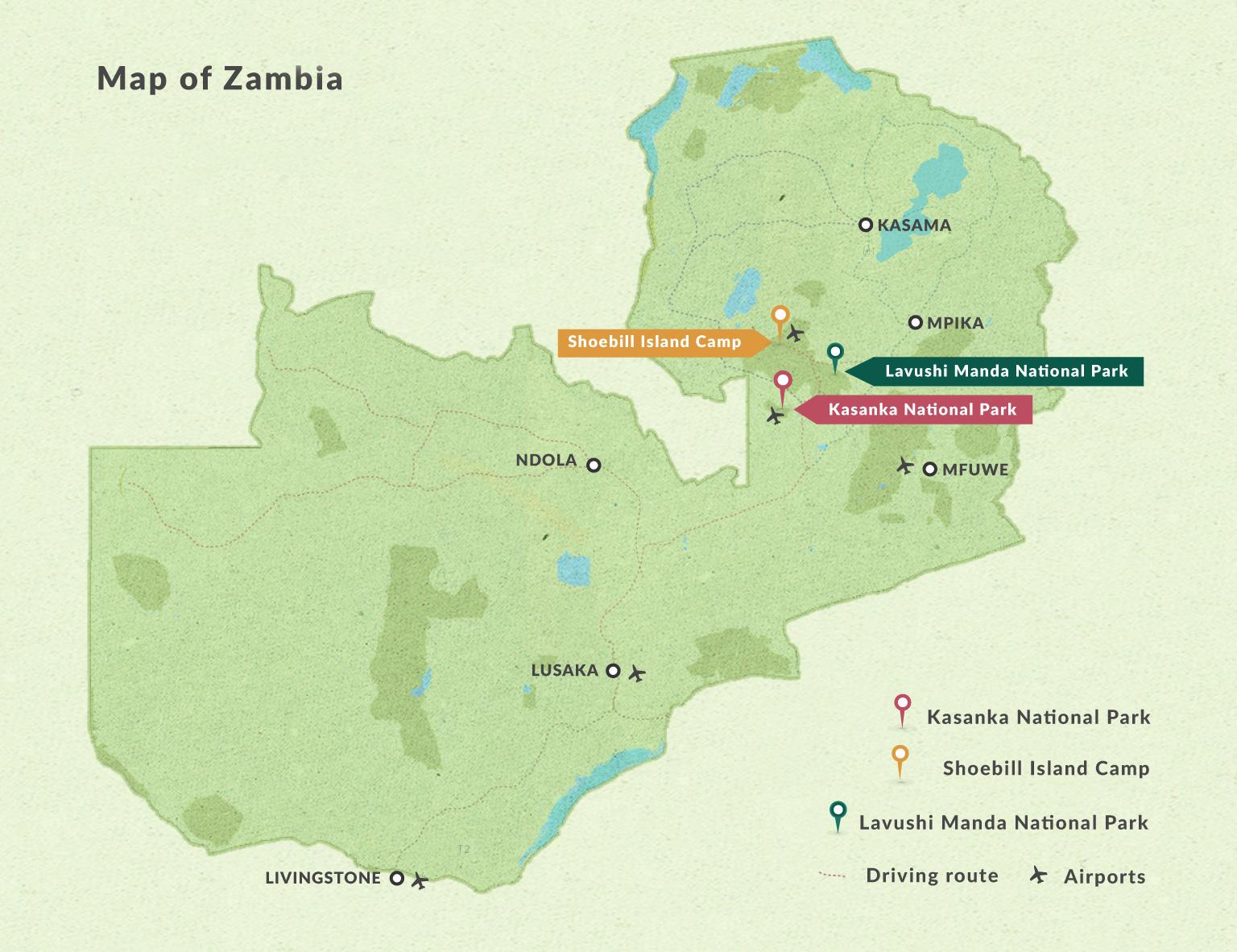 Sambias national parks map - Karte von Sambia Nationalparks (Ost-Afrika