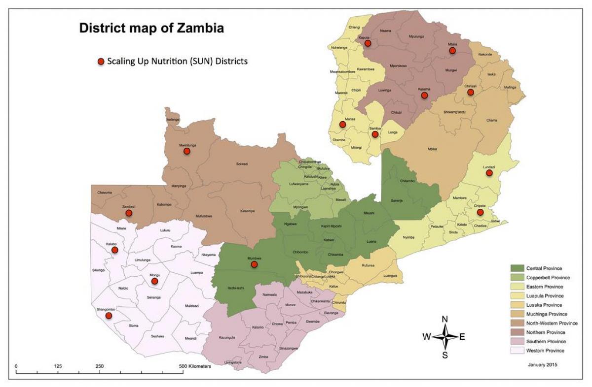 Sambia Bezirke aktualisierte Karte