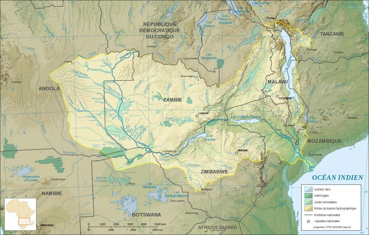 Karte von Sambia zeigt, Flüsse und Seen
